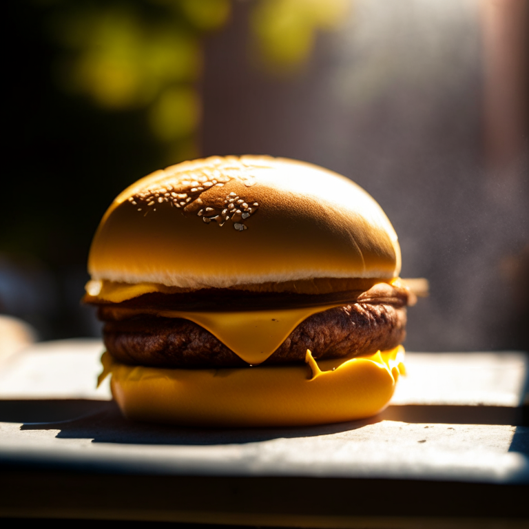 A classic cheeseburger on a griddle outside, daylight streaming through, extremely sharp focus, filling the frame