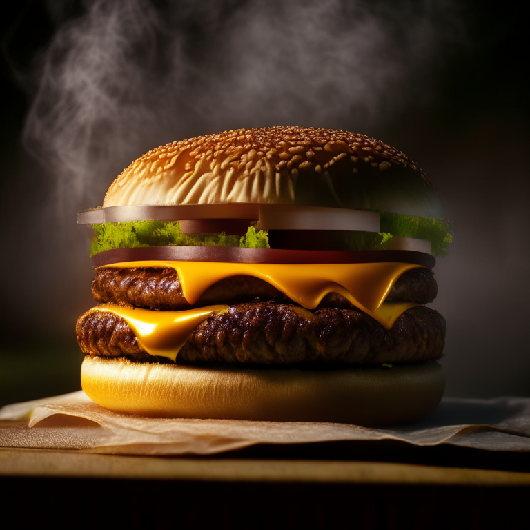 A classic cheeseburger on an outdoor gas griddle, bright warm studio lighting, extremely sharp focus, filling the frame