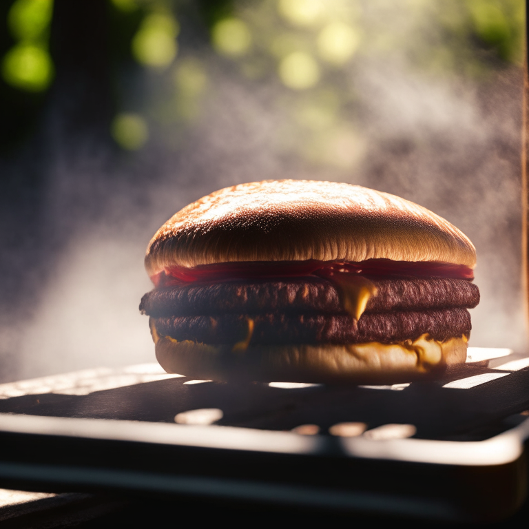 A BBQ bacon burger being cooked on a griddle outdoors, soft natural window lighting, extremely sharp focus, filling the frame