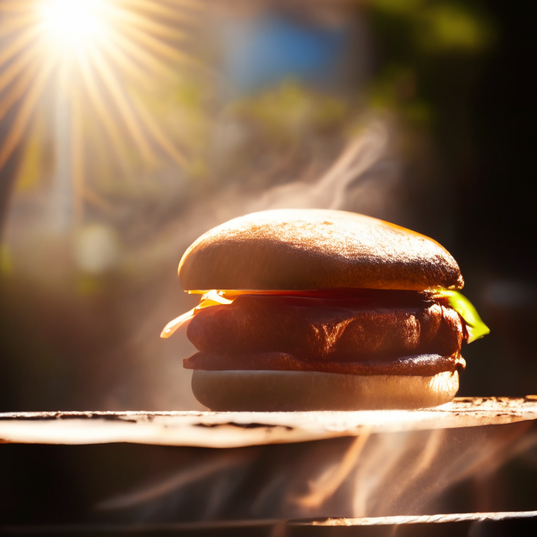 A BBQ bacon burger on a griddle outside, daylight streaming through, extremely sharp focus, filling the frame