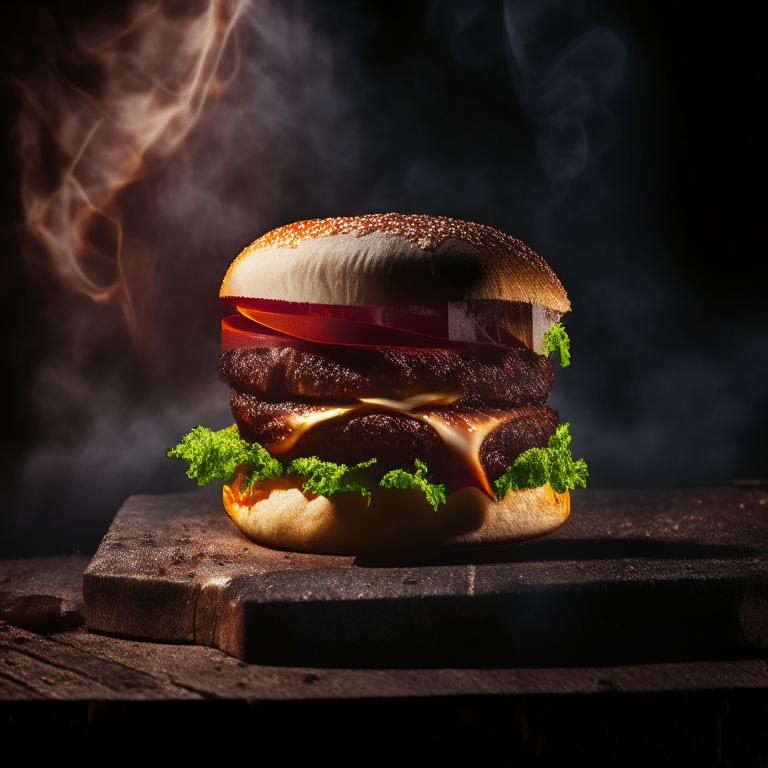A BBQ bacon burger on an outdoor gas griddle, bright warm studio lighting, extremely sharp focus, filling the frame