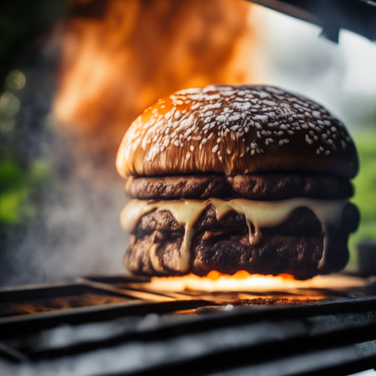 A mushroom swiss burger being cooked on a griddle outdoors, soft natural window lighting, extremely sharp focus, filling the frame