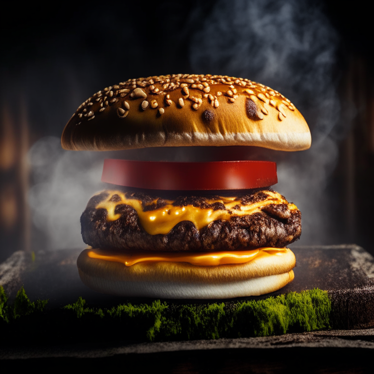 A mushroom swiss burger on an outdoor gas griddle, bright warm studio lighting, extremely sharp focus, filling the frame