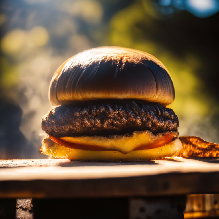A mushroom swiss burger on a griddle outside, daylight streaming through, extremely sharp focus, filling the frame
