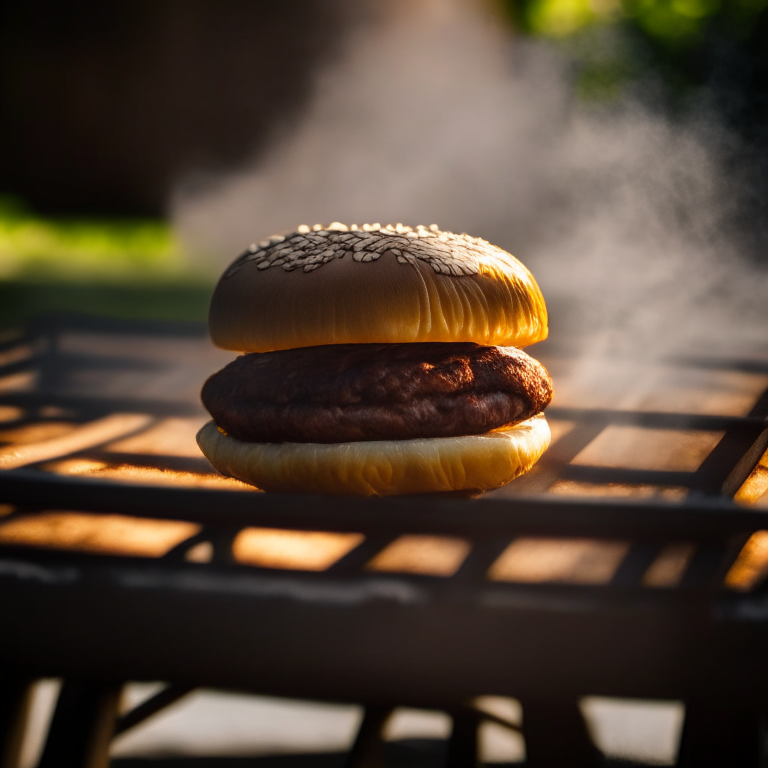A Hawaiian Teriyaki Burger being cooked on a griddle outdoors, soft natural window lighting, extremely sharp focus, filling the frame