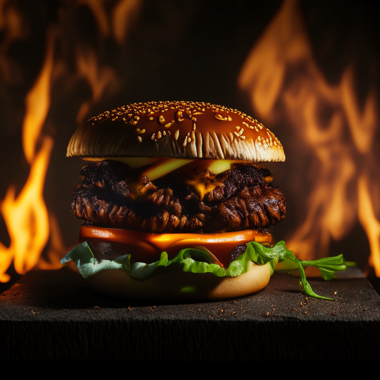 A Hawaiian Teriyaki Burger on an outdoor gas griddle, bright warm studio lighting, extremely sharp focus, filling the frame