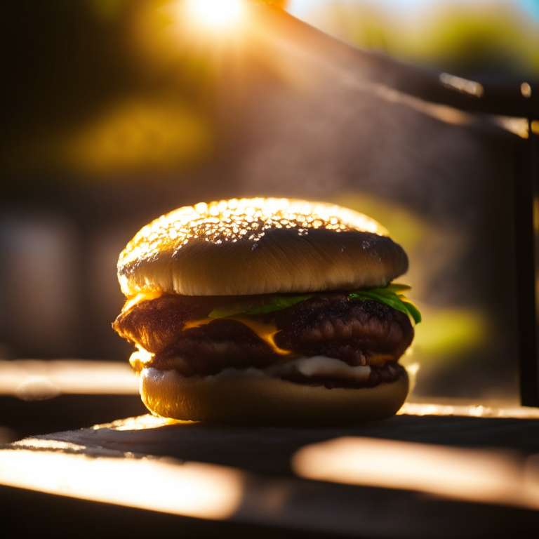 A Hawaiian Teriyaki Burger on a griddle outside, daylight streaming through, extremely sharp focus, filling the frame
