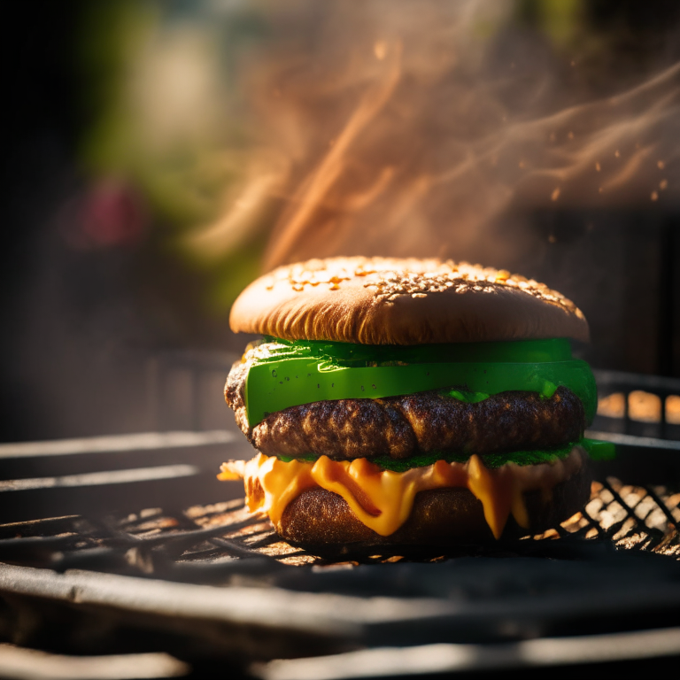 A Spicy Jalapeno Burger being cooked on a griddle outdoors, soft natural window lighting, extremely sharp focus, filling the frame