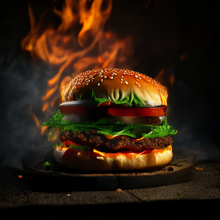 A Spicy Jalapeno Burger on an outdoor gas griddle, bright warm studio lighting, extremely sharp focus, filling the frame