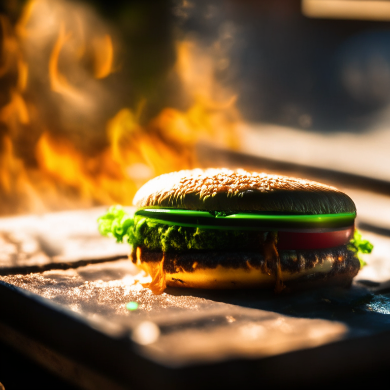 A Spicy Jalapeno Burger on a griddle outside, daylight streaming through, extremely sharp focus, filling the frame