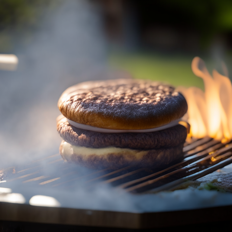 A Greek Lamb Burger being cooked on a griddle outdoors, soft natural window lighting, extremely sharp focus, filling the frame