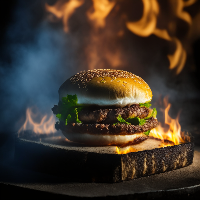 A Greek Lamb Burger on an outdoor gas griddle, bright warm studio lighting, extremely sharp focus, filling the frame