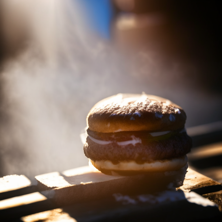 A Greek Lamb Burger on a griddle outside, daylight streaming through, extremely sharp focus, filling the frame