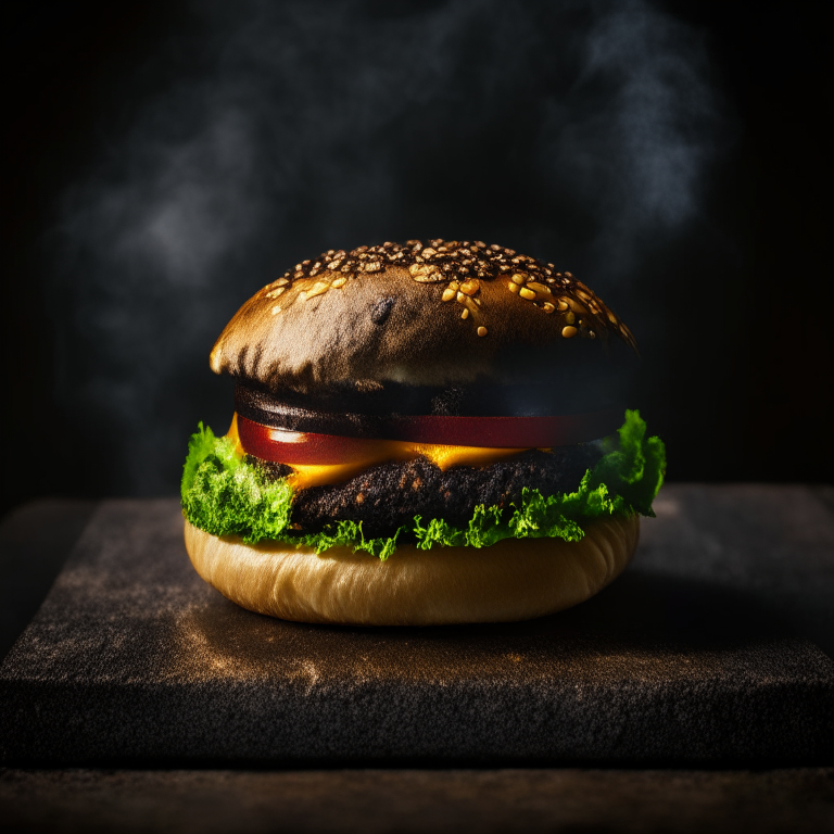 A Veggie Portobello Burger on a gas griddle outside, bright warm studio lighting, extremely sharp focus, filling the frame