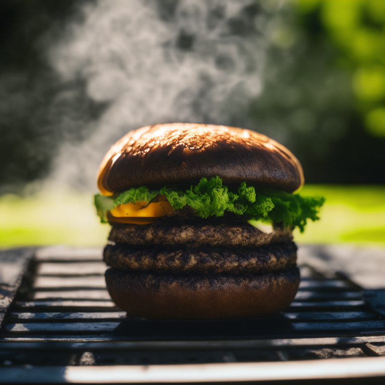 A Veggie Portobello Burger on an outdoor gas griddle, daylight streaming through, extremely sharp focus, filling the frame
