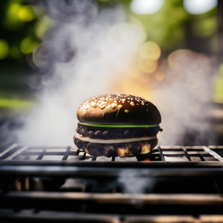 A Vegetarian Portobello Mushroom Burger being cooked on a gas griddle outdoors, soft natural window lighting, extremely sharp focus, filling the frame