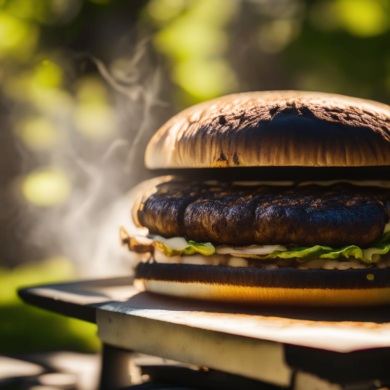 A Vegetarian Portobello Mushroom Burger on an outdoor gas griddle, daylight streaming through, extremely sharp focus, filling the frame