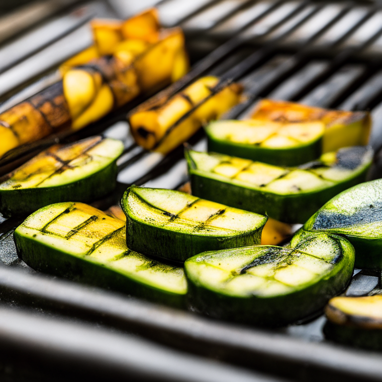 Grilled zucchini and squash being cooked on a gas griddle outdoors, soft natural window lighting, extremely sharp focus, filling the frame