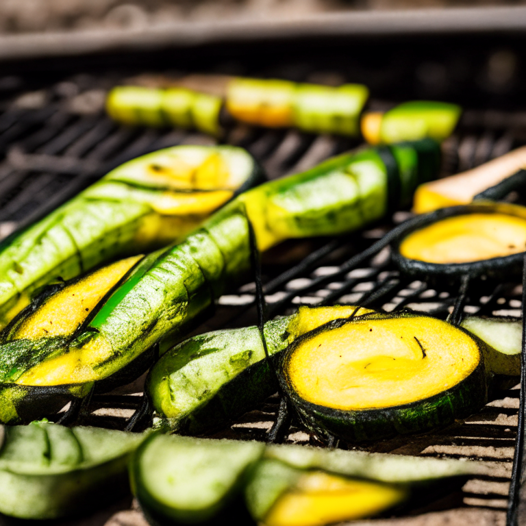 Grilled zucchini and squash on an outdoor gas griddle, daylight streaming through, extremely sharp focus, filling the frame