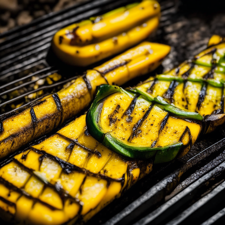 Grilled zucchini and squash on a gas griddle outside, bright warm studio lighting, extremely sharp focus, filling the frame