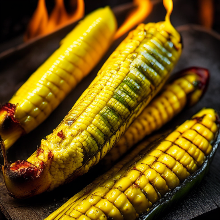 Corn on the cob with chili lime butter on a gas griddle outside, bright warm studio lighting, extremely sharp focus, filling the frame