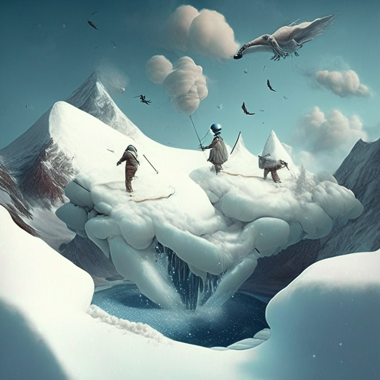 Una escena surrealista de nevados y aguas termales con figuras precolombinas flotando en el aire.