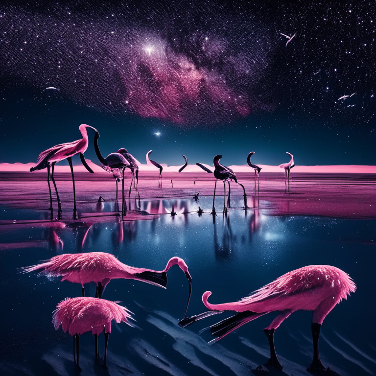 Una escena surrealista del Salar de Uyuni con flamencos rosados caminando sobre estrellas en el cielo nocturno.
