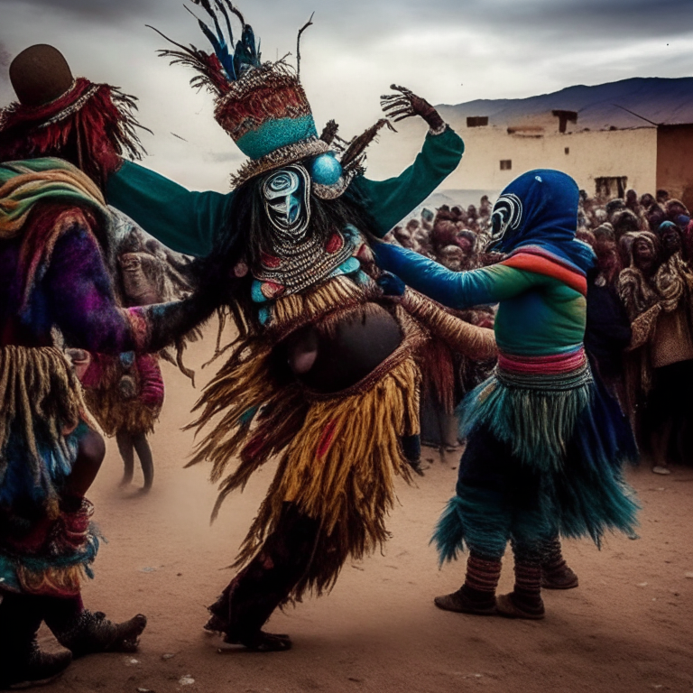 Una escena surrealista de la Pachamama emergiendo de la tierra sosteniendo el carnaval de Oruro en sus manos mientras bailarines con máscaras danzan a su alrededor.