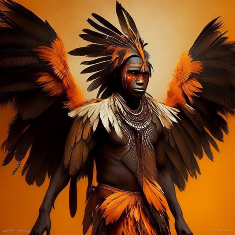 human with wings, but they are like  african aborigines, their clothes are similiar with tucans feathers, they have orange skin 