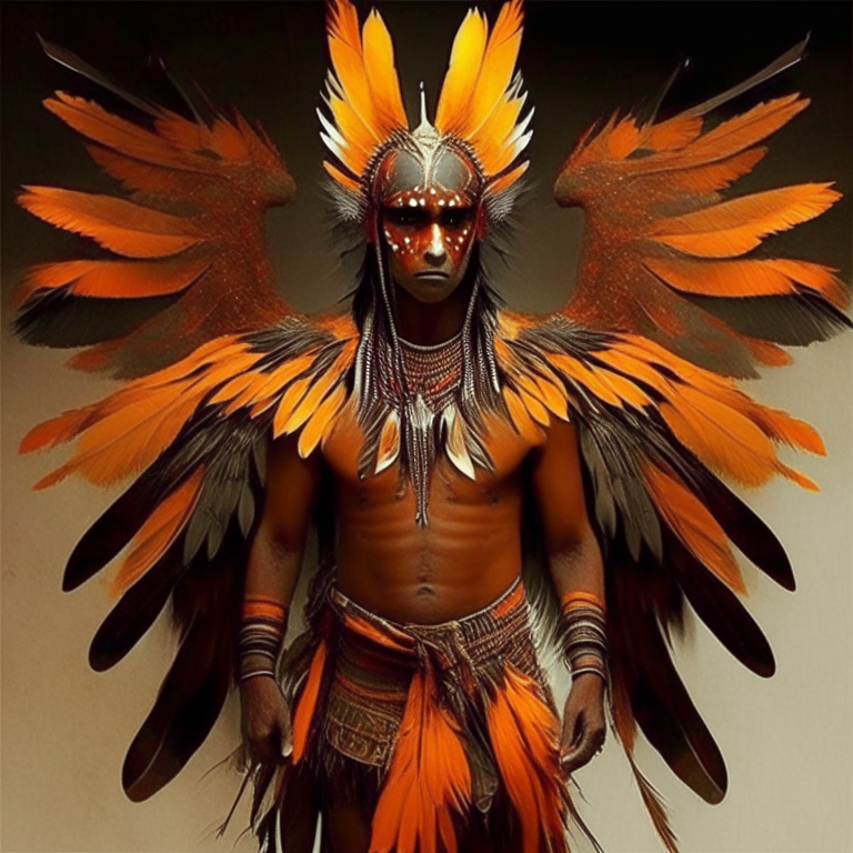 human with wings, but they are like  european aborigines, their clothes are similiar with tucans feathers, they have orange skin 