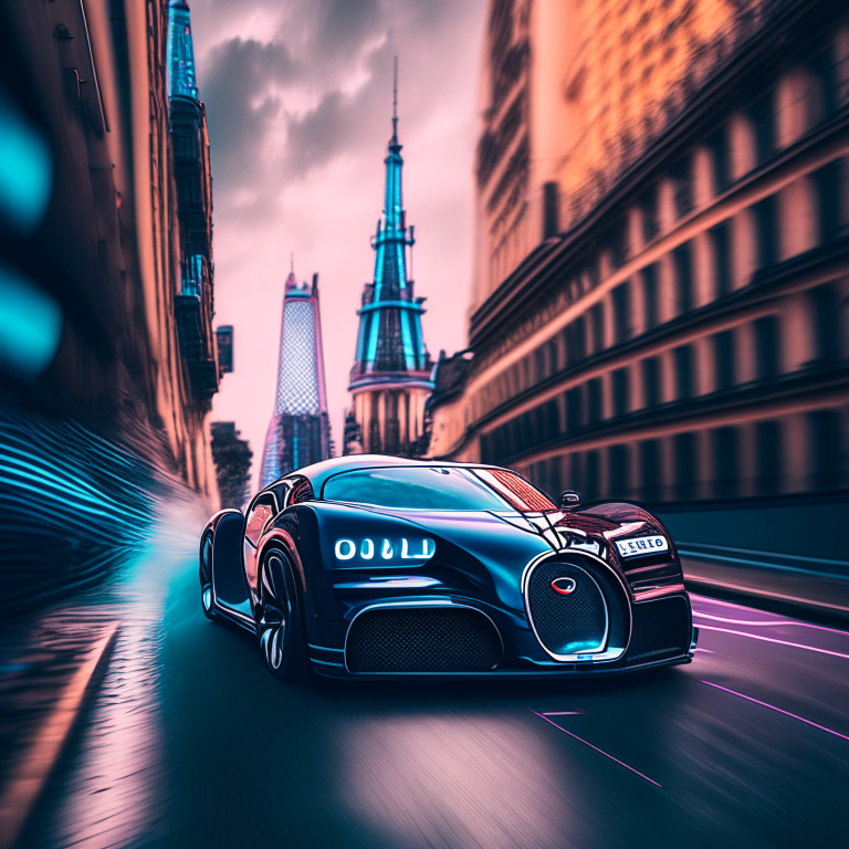 Bugatti Chiron driving down a digital landscape, retro wave, synthase, 8k, in London, around skyscrapers