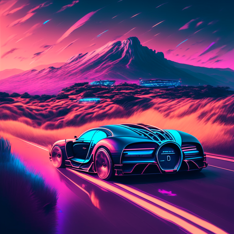 Bugatti Chiron driving down a digital landscape, retro wave, synthase, 8k, 