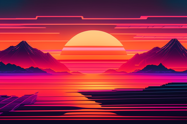 sunset view, a digital landscape, retro wave, synthase, 8k,