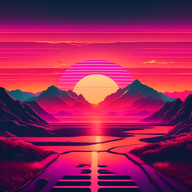 sunset in a real landscape, retro wave, synthase, 8k, 