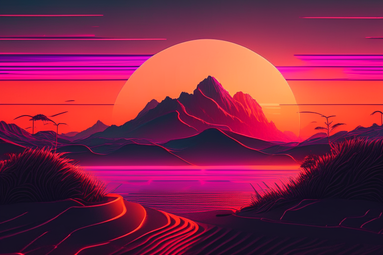 sunset in a real landscape, retro wave, synthase, 8k, 