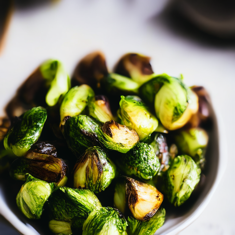 Photo of griddle-roasted brussels sprouts filling the frame. Bright, crisp lighting shows all details clearly. Entire dish is in razor-sharp focus. Griddle-roasted brussels sprouts, softly lit from the side, shallow depth of field draws attention to the caramelized exterior. Top down view of griddle-roasted brussels sprouts on a white plate, studio lighting, extremely sharp focus.
