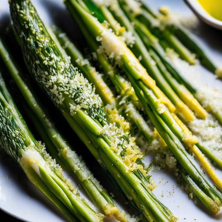 Photo of garlic parmesan grilled asparagus filling the frame. Bright, crisp lighting shows all details clearly. Entire dish is in razor-sharp focus. Garlic parmesan grilled asparagus, softly lit from the side, shallow depth of field draws attention to the charred tips. Top down view of garlic parmesan grilled asparagus on a white plate, studio lighting, extremely sharp focus throughout.