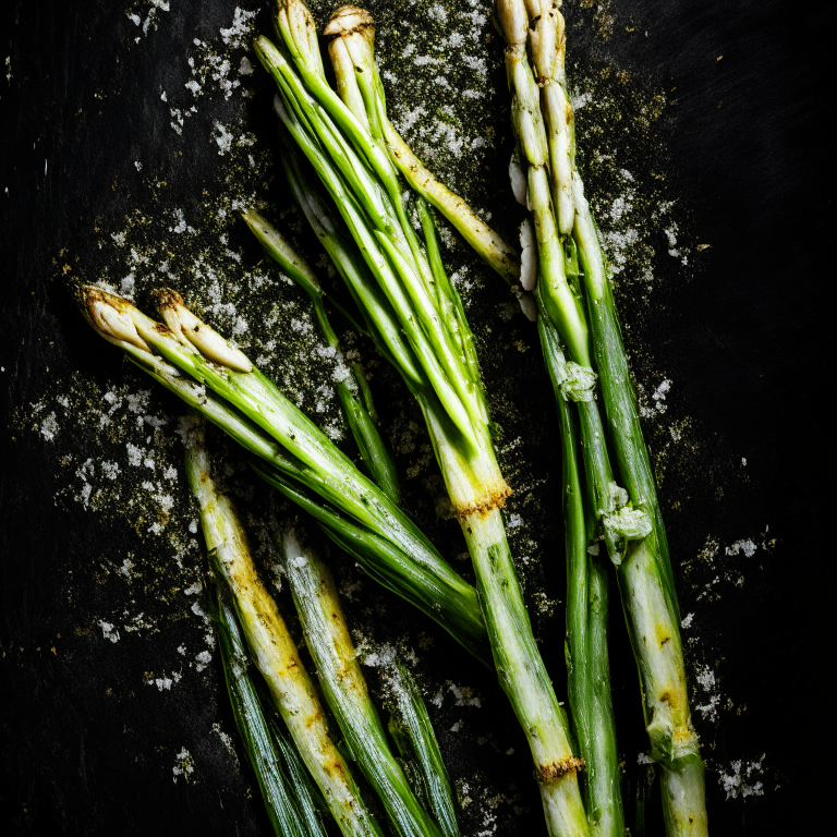Garlic parmesan grilled asparagus, photographed from above at a slight angle, bright studio lighting, extremely sharp focus throughout