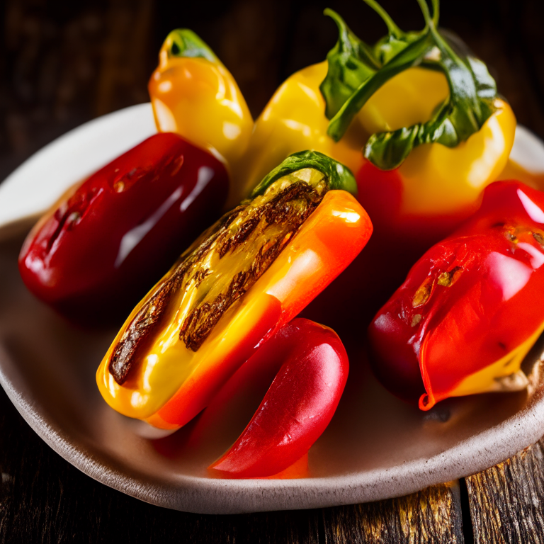 Cajun-style grilled bell peppers filling the frame, bright studio lighting, extremely sharp focus throughout Cajun-style grilled bell peppers, softly lit from the side, shallow depth of field draws attention to the charred skins Top down view of Cajun-style grilled bell peppers on a white plate, crisp studio lighting, razor-sharp focus