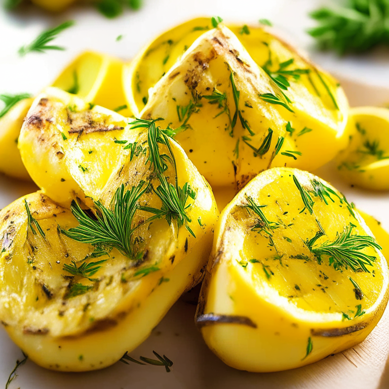 Lemon herb grilled potatoes filling the frame, bright studio lighting, extremely sharp focus throughout Lemon herb grilled potatoes, softly lit from the side, shallow depth of field draws attention to the herbs Top down view of lemon herb grilled potatoes on a white plate, crisp studio lighting, razor-sharp focus
