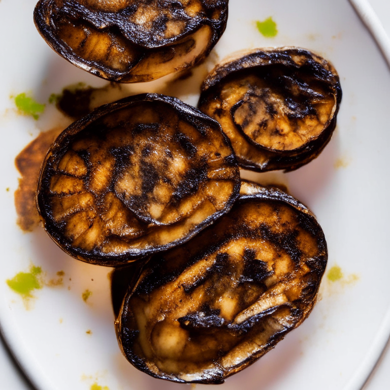 Top down view of grilled portobello mushroom caps on a white plate, crisp studio lighting, razor-sharp focus