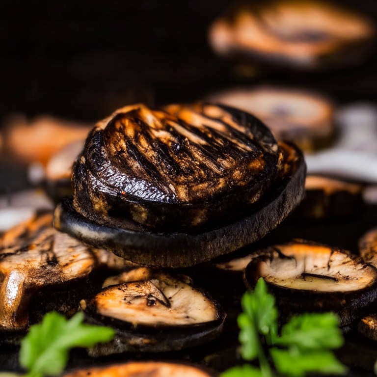 Grilled portobello mushroom caps, softly lit from the side, shallow depth of field draws attention to the gills