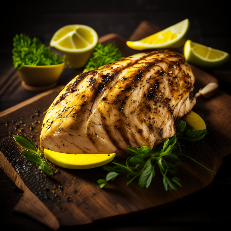 Grilled chicken breast with lemon herb marinade filling the frame, bright studio lighting, extremely sharp focus throughout