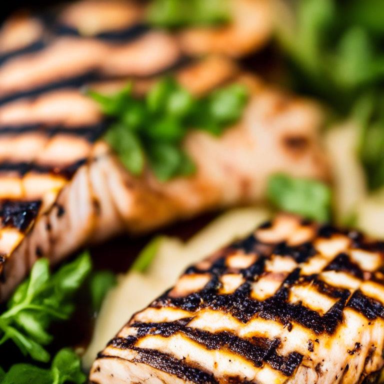 Grilled chicken breast with lemon herb marinade, softly lit from the side, shallow depth of field draws attention to the charred grill marks