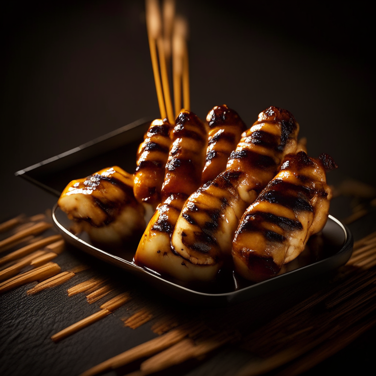 Teriyaki glazed grilled chicken skewers filling the frame, bright studio lighting, extremely sharp focus throughout
