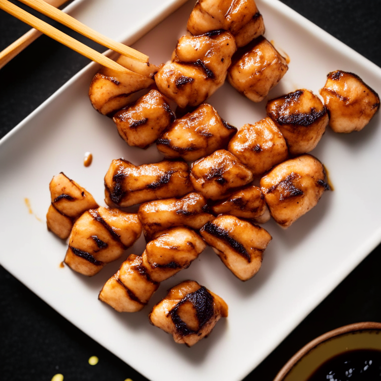 Top down view of teriyaki glazed grilled chicken skewers on a white plate, crisp studio lighting, razor-sharp focus