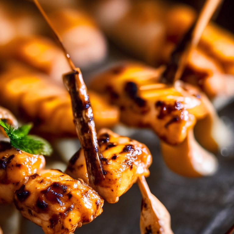 Teriyaki glazed grilled chicken skewers, softly lit from the side, shallow depth of field draws attention to the glaze