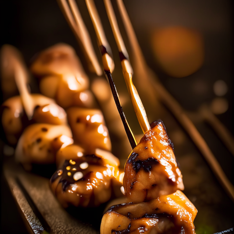 Teriyaki glazed grilled chicken skewers on a bamboo skewer, bright studio lighting, extremely sharp focus Teriyaki glazed grilled chicken skewers, photographed at a low angle with dramatic lighting Close up view of teriyaki glazed grilled chicken skewers, crisp studio lighting, razor-sharp focus