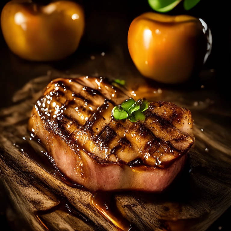 Grilled pork chops with apple cider glaze filling the frame, bright studio lighting, extremely sharp focus