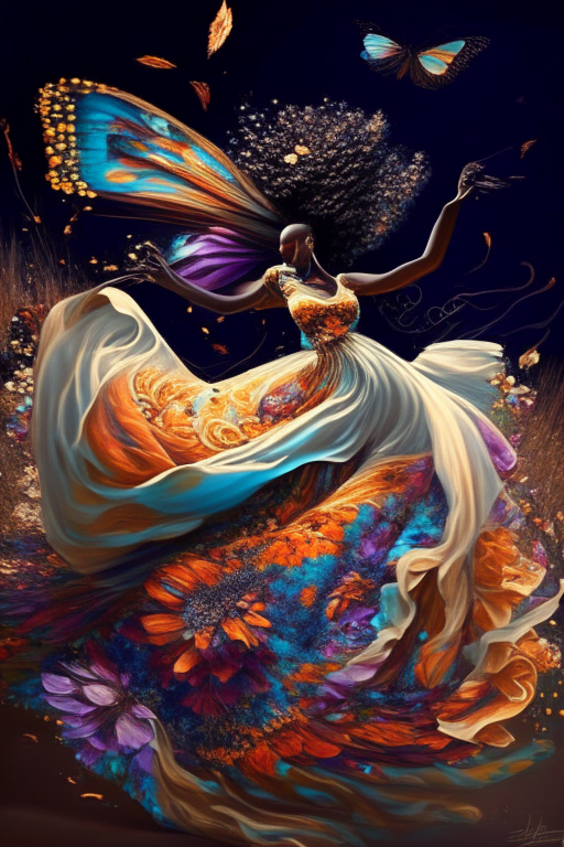 Dancing African Woman, butterflies and flowers flowing out of her gown, swirling background, on a swirling field 